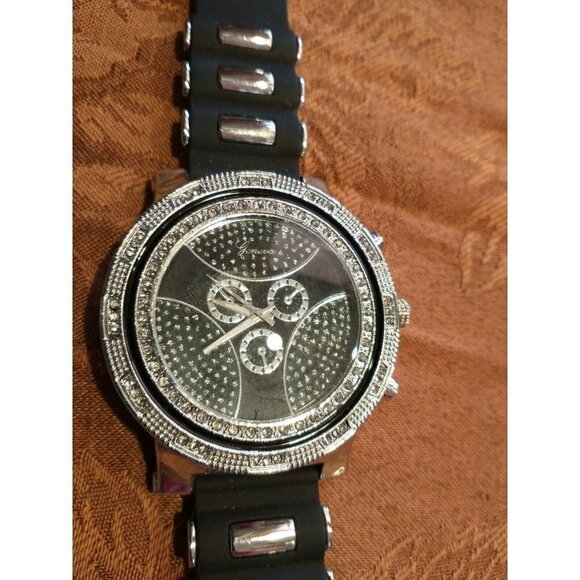 Geneva Water Resistant Quartz Large Jeweled Black Statement Bold Blingy Watch - Picture 3 of 5